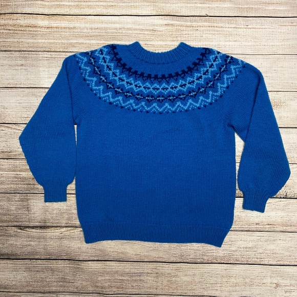 Vintage 80s Handmade Fair Isle Knit Pullover | Women’s Medium | Blue Tones - Picture 3 of 7